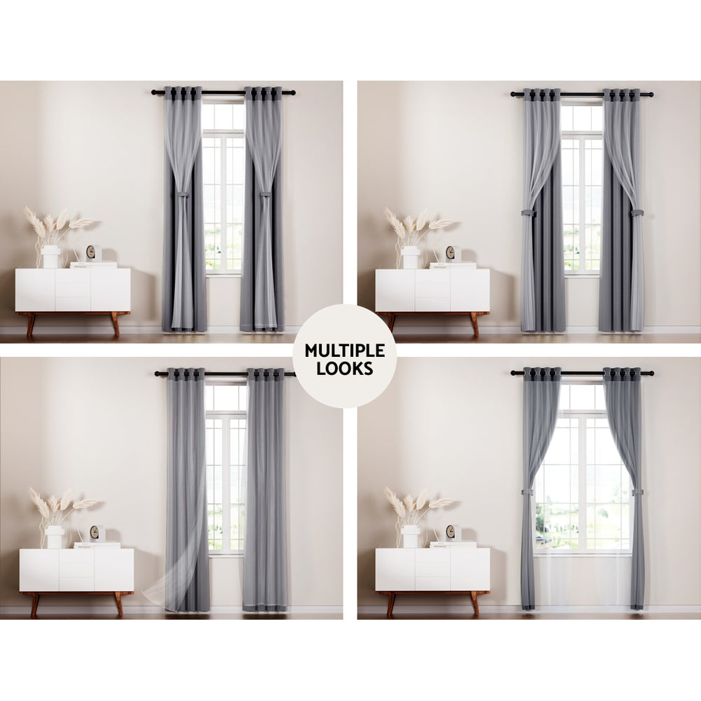 Artiss 2X 132x160cm Blockout Sheer Curtains Charcoal