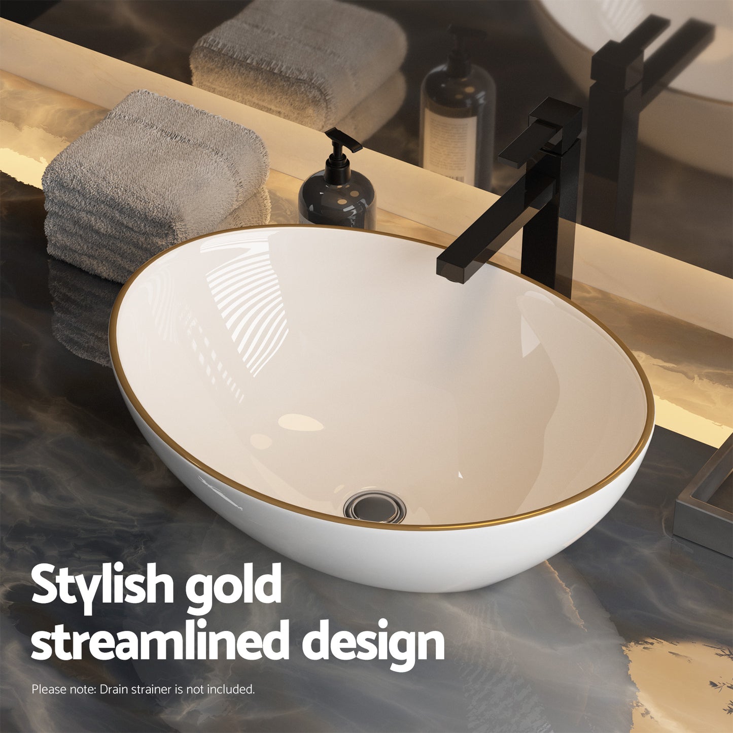 Cefito Bathroom Basin Ceramic Vanity Sink Hand Wash Bowl Gold Line 41x34cm