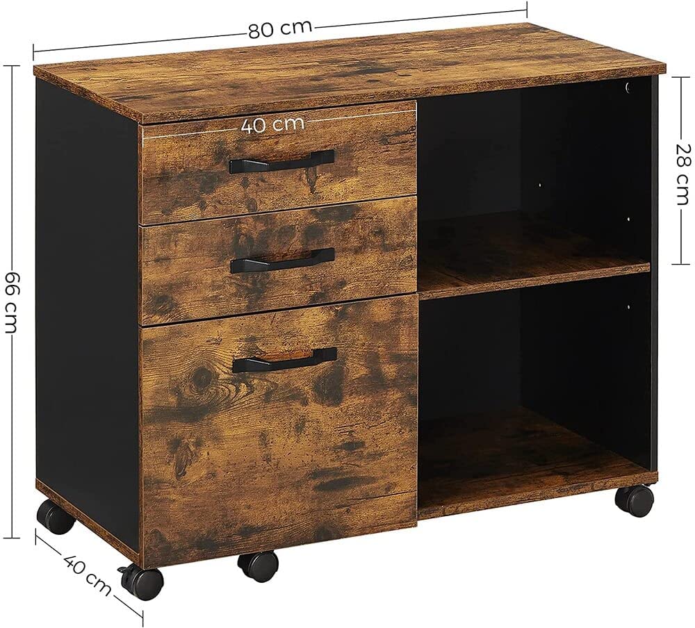 3-Drawer File Cabinet with Open Compartments for A4 Rustic Brown and Black