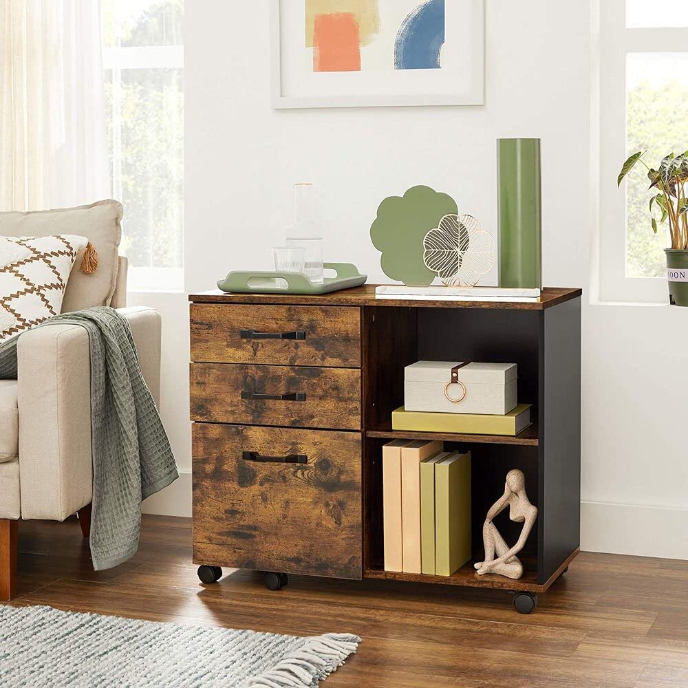 3-Drawer File Cabinet with Open Compartments for A4 Rustic Brown and Black