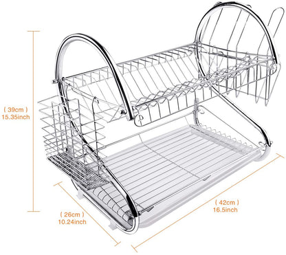 2 Tier Dish Rack with Drain Board for Kitchen Counter and Plated Chrome Dish Dryer Silver 42 x 25,5 x 38 cm