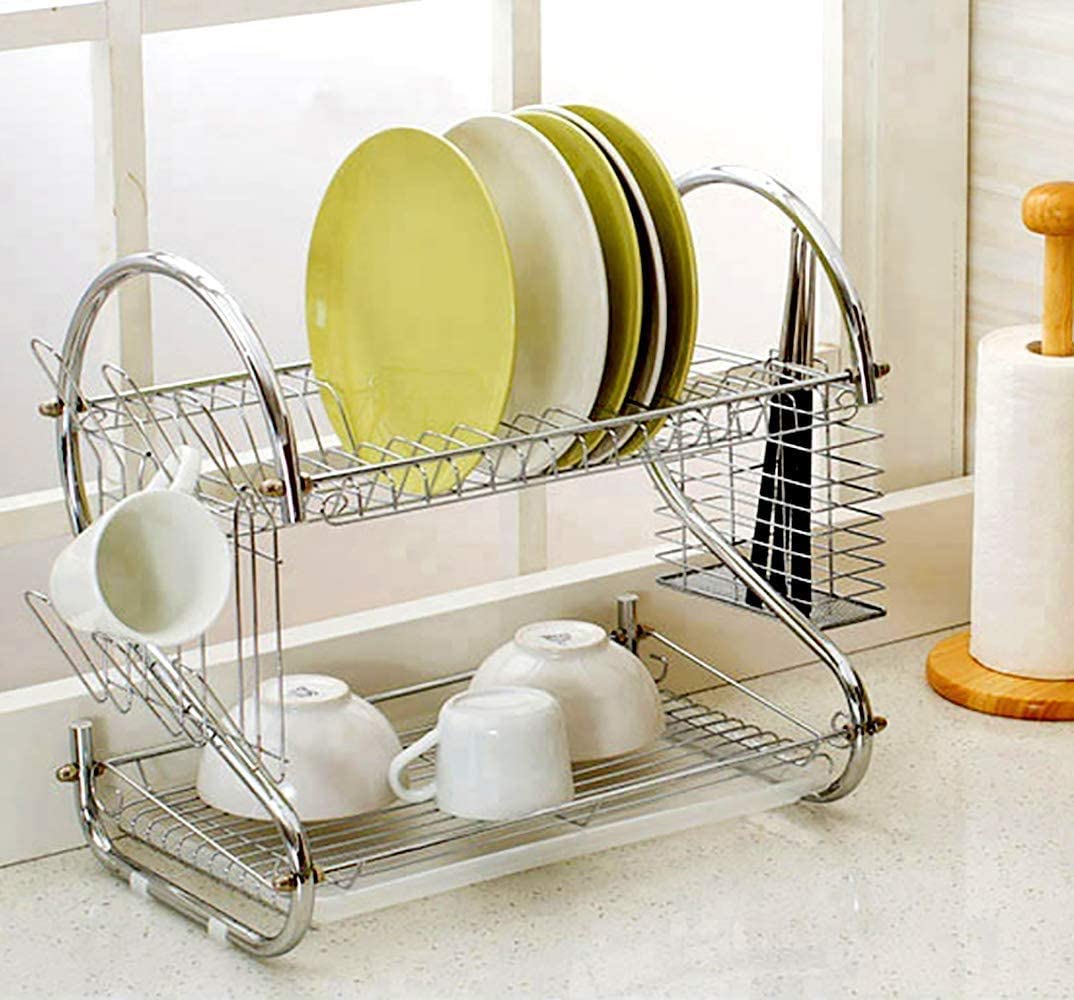 2 Tier Dish Rack with Drain Board for Kitchen Counter and Plated Chrome Dish Dryer Silver 42 x 25,5 x 38 cm