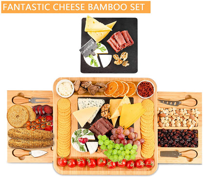 Bamboo Cheese Board Set with Knife Set with 4 Stainless Steel Knife & Thick Wooden tray for Wine Crackers, Brie and Meat