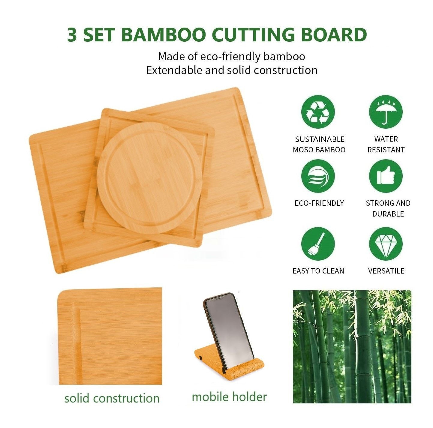 3 Pieces Bamboo Cutting Board with Juice Groove and Mobile Holder included for Home Kitchen