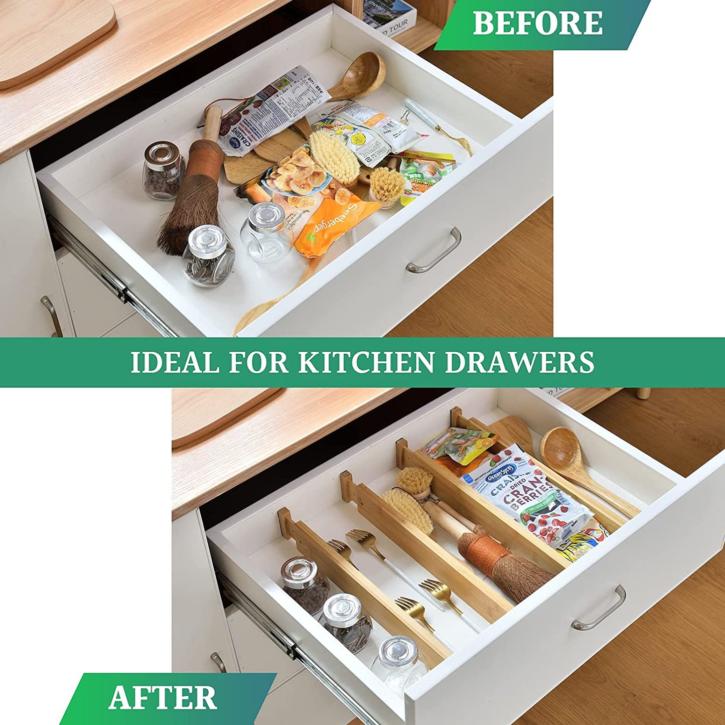 6 Pack Bamboo Adjustable Kitchen Drawer Dividers (Large, 44-55 cm)