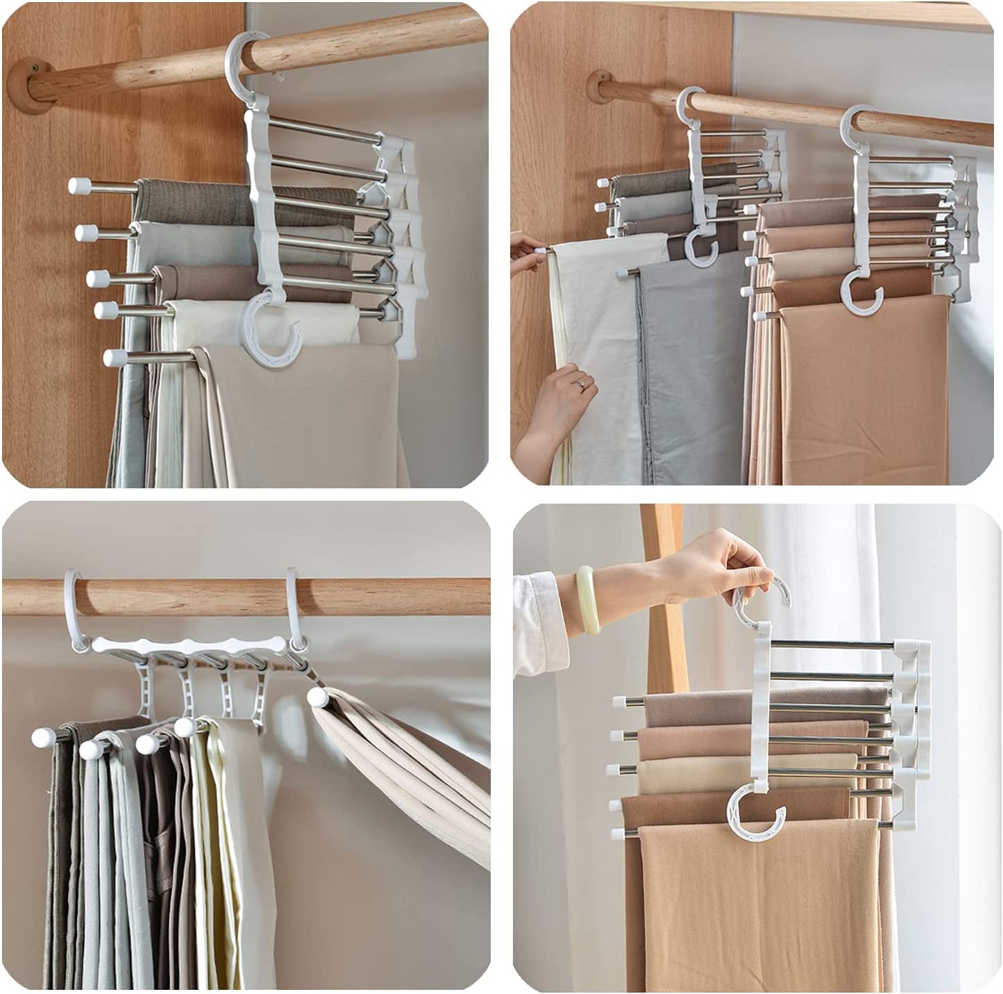 2 Pack Stainless Steel Adjustable 5 in 1 Pants Hangers Non-Slip Space Saving for Home Storage