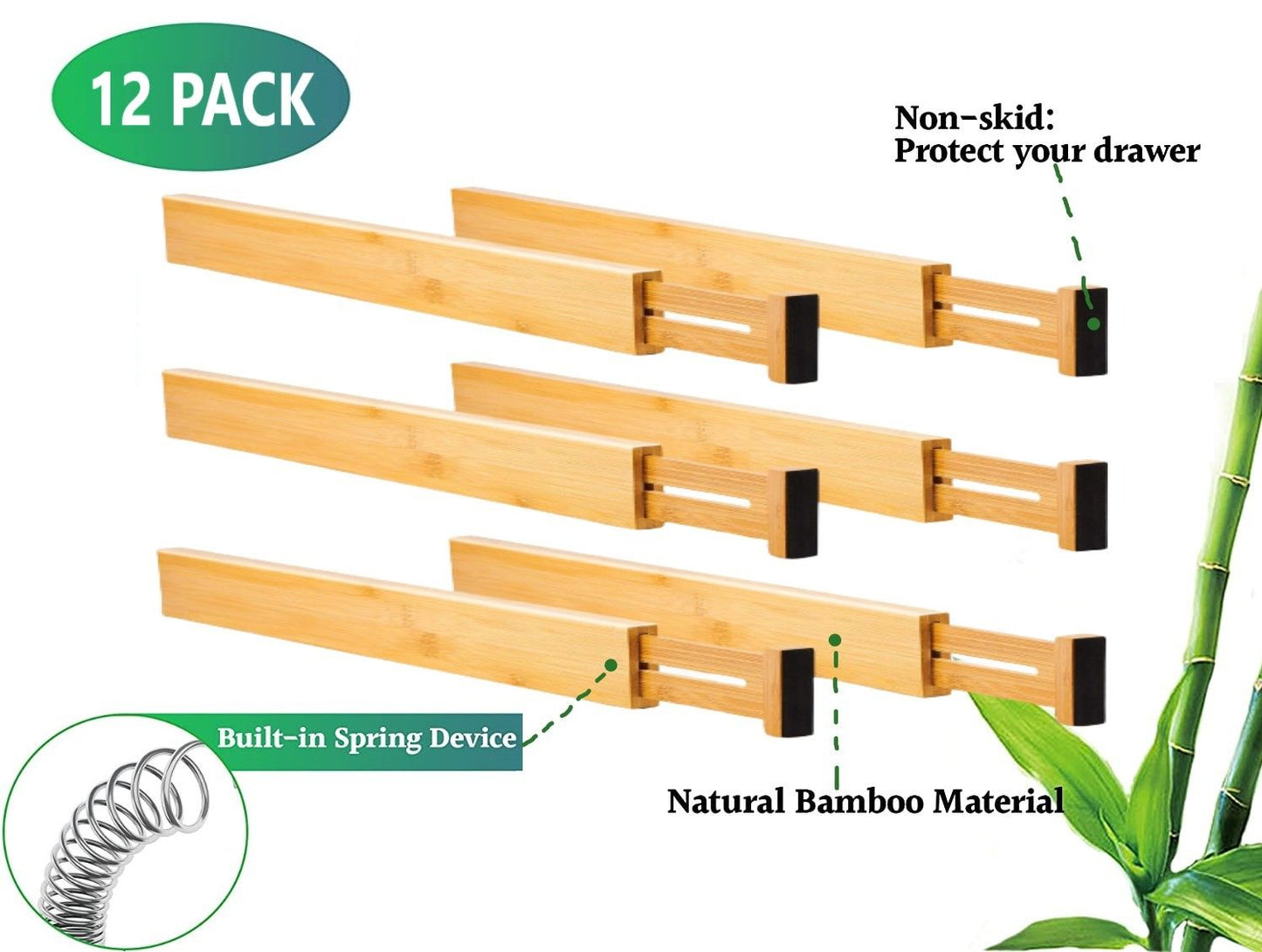 12 Pack Bamboo Adjustable Kitchen Drawer Dividers (Large, 44-55 cm)