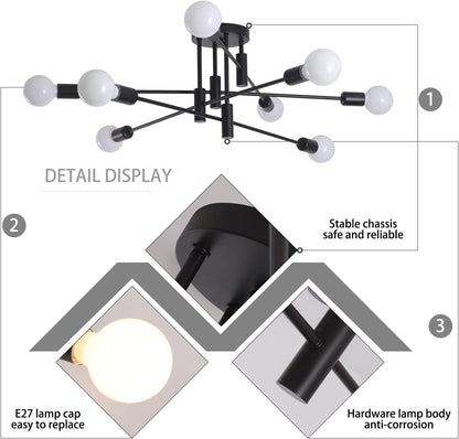 Modern Semi Flush Chandelier, 8 Light, Black