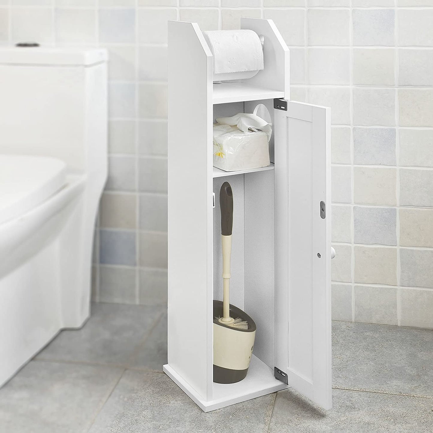 Toilet Paper Holder with Storage, Freestanding Cabinet, Toilet Brush Holder and Toilet Paper Dispenser