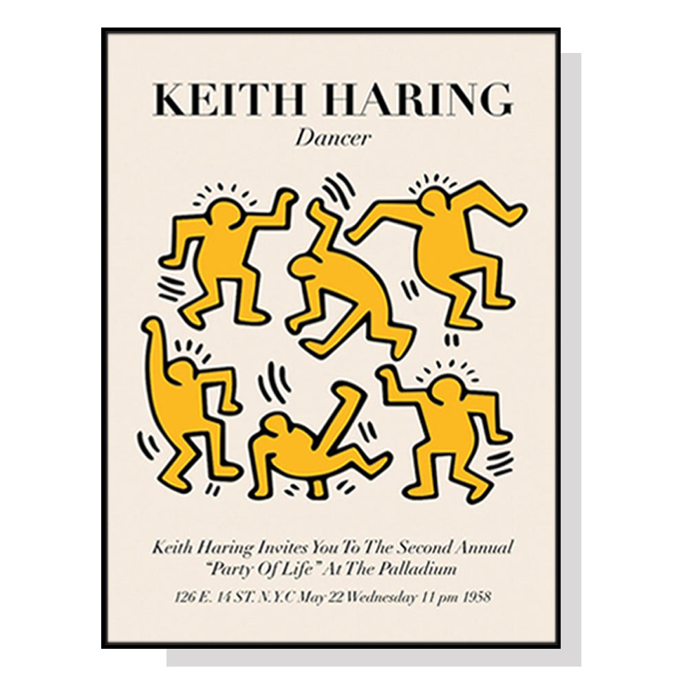 Wall Art 50cmx70cm Keith Haring Dancer Yellow Black Frame Canvas