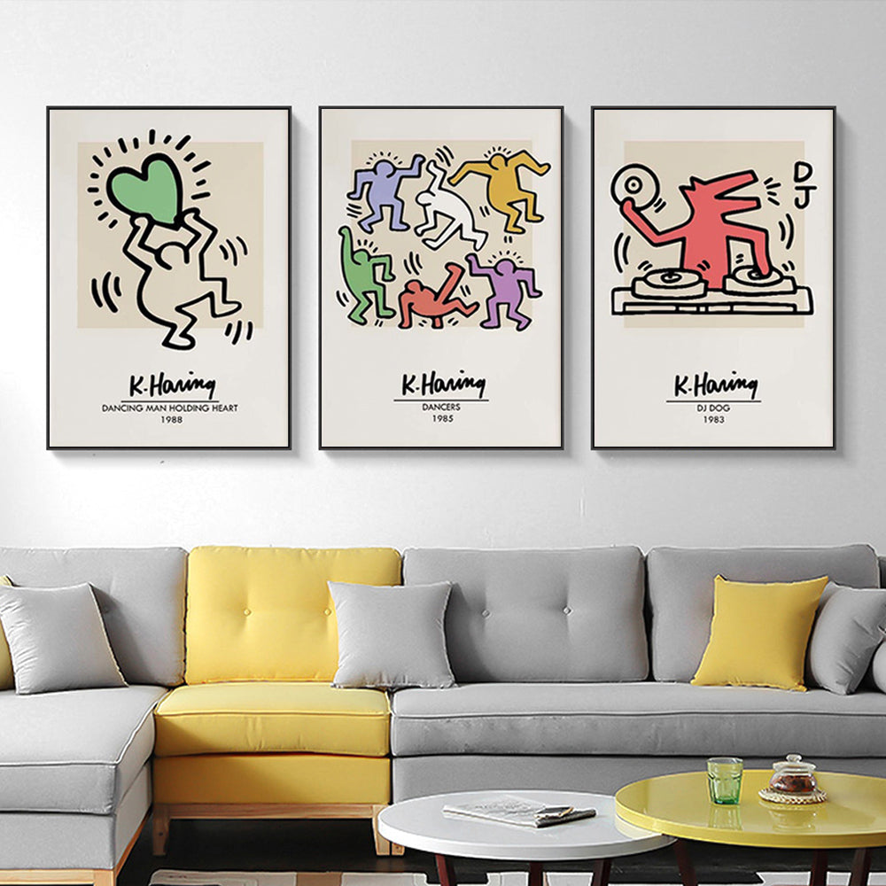 Wall Art 60cmx90cm Keith Haring Pop Art 3 Sets Black Frame Canvas