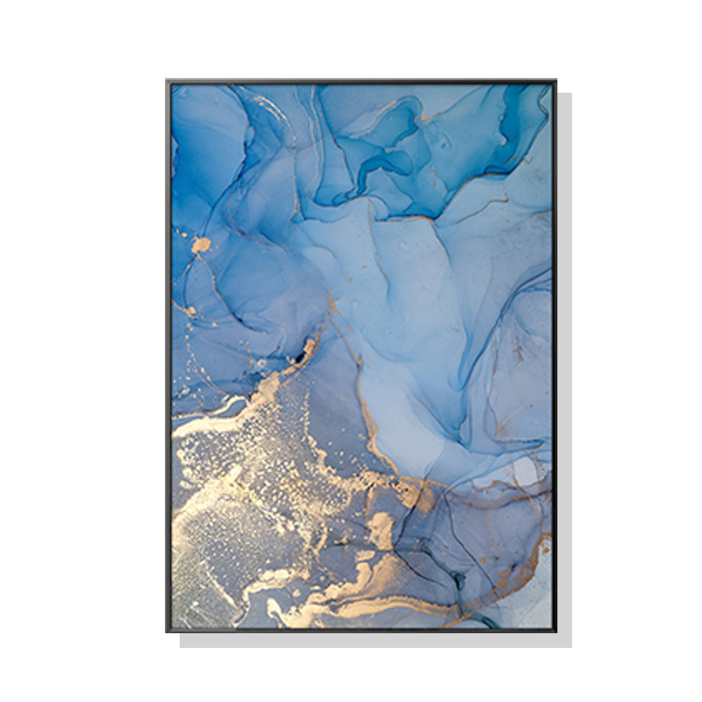 Wall Art 80cmx120cm Light Blue Marble With Gold Splash Black Frame Canvas