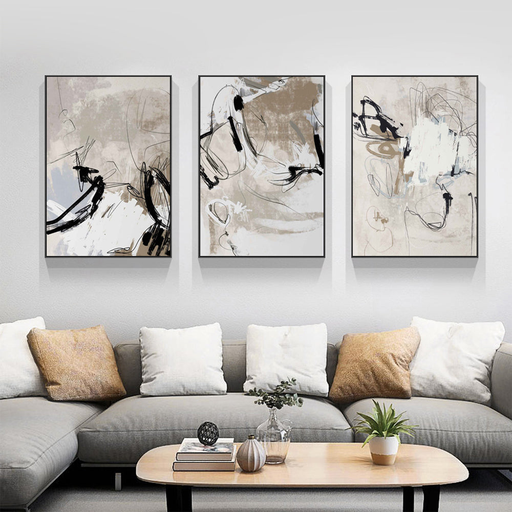 Wall Art 60cmx90cm Modern Abstract Beige 3 Sets Black Frame Canvas