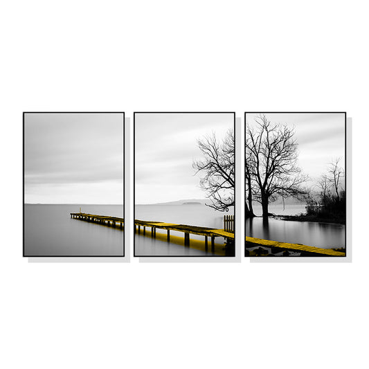 Wall Art 50cmx70cm Calm Lake Bridge Tree Scene 3 Sets Black Frame Canvas