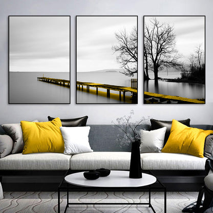 Wall Art 60cmx90cm Calm Lake Bridge Tree Scene 3 Sets Black Frame Canvas