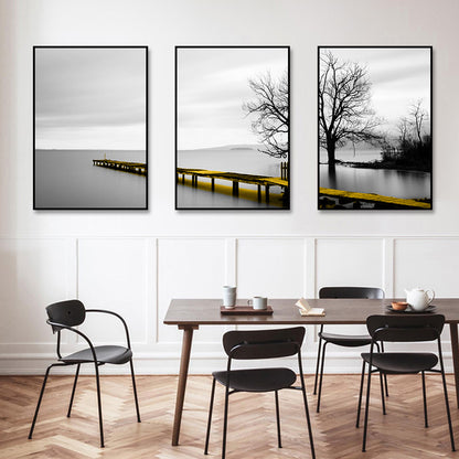 Wall Art 60cmx90cm Calm Lake Bridge Tree Scene 3 Sets Black Frame Canvas