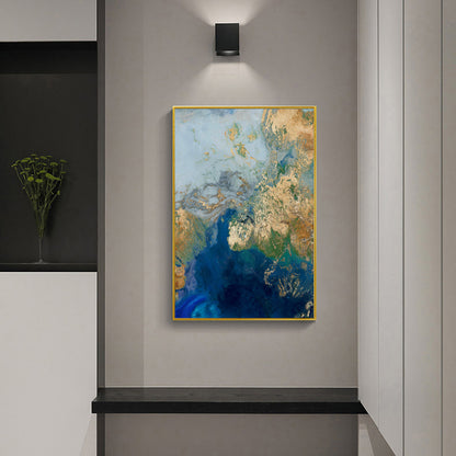 Wall Art 70cmx100cm Marbled Blue Gold Artwork Gold Frame Canvas