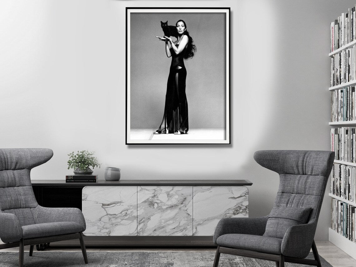 Wall Art 50cmx70cm Cher Music Black and White, Black Frame Canvas