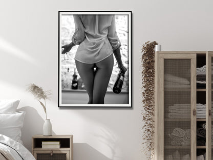 Wall Art 60cmx90cm Woman Drinking Wine , Black and White, Black Frame Canvas