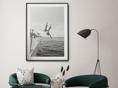 Wall Art 70cmx100cm Black and White Ocean Jump, Black Frame Canvas