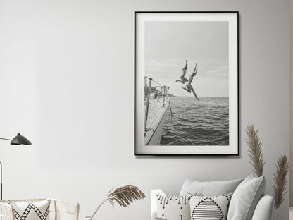 Wall Art 70cmx100cm Black and White Ocean Jump, Black Frame Canvas