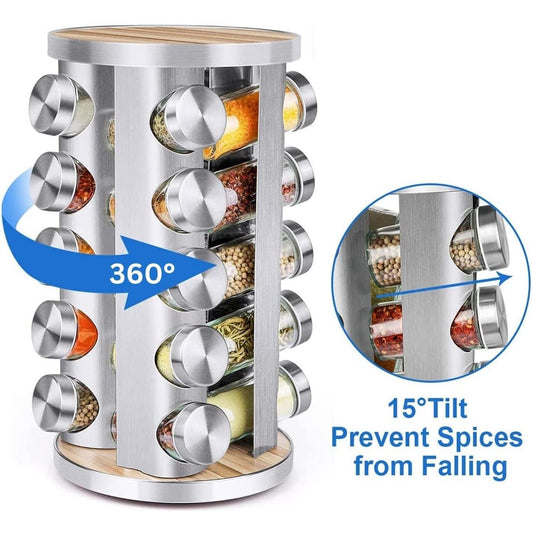 GOMINIMO Rotating Spice Rack Organizer (20 Jars) with Label Sticker and Silicone Funnel