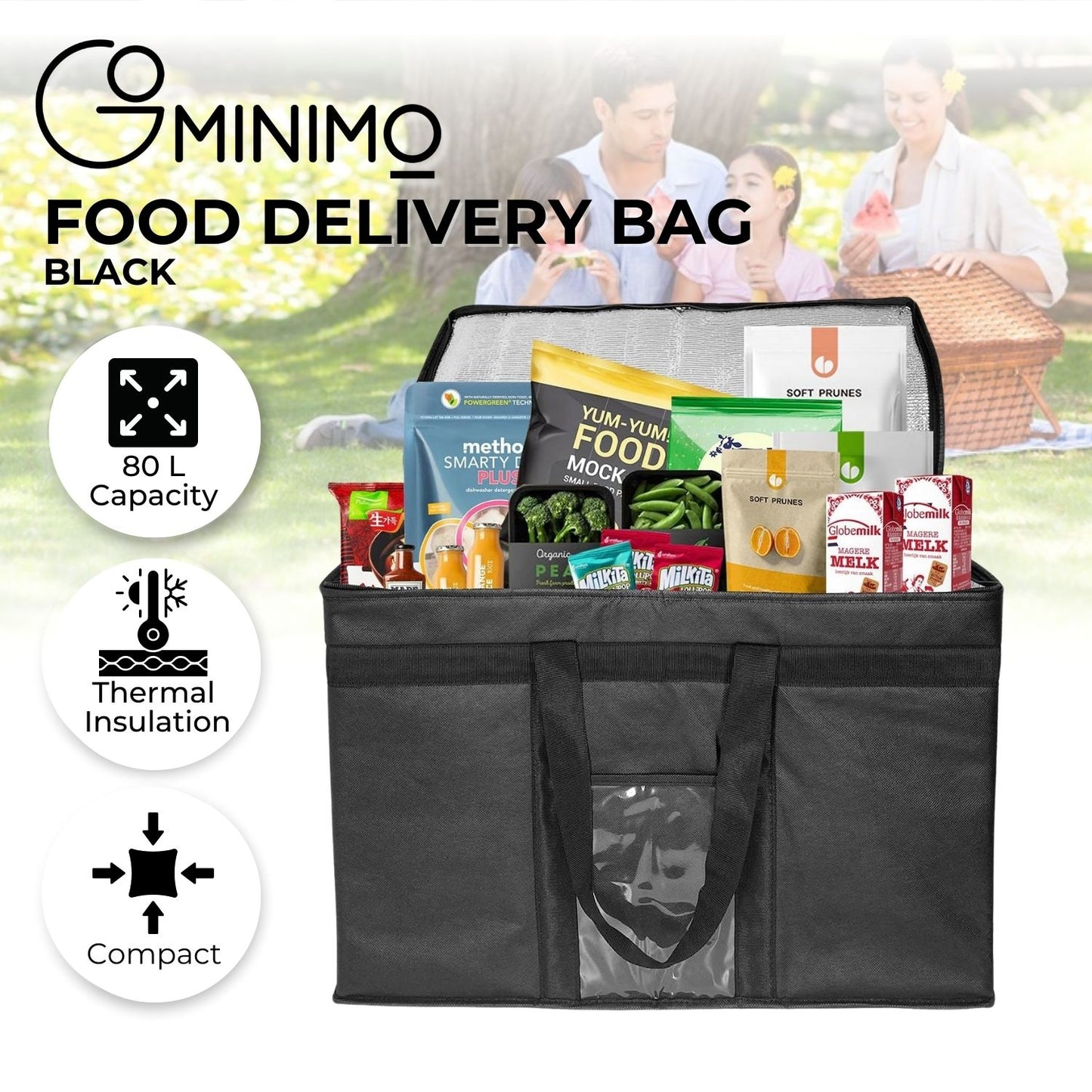 GOMINIMO 80L Large Insulated Food Delivery Bag with Zipper Closure (Black)