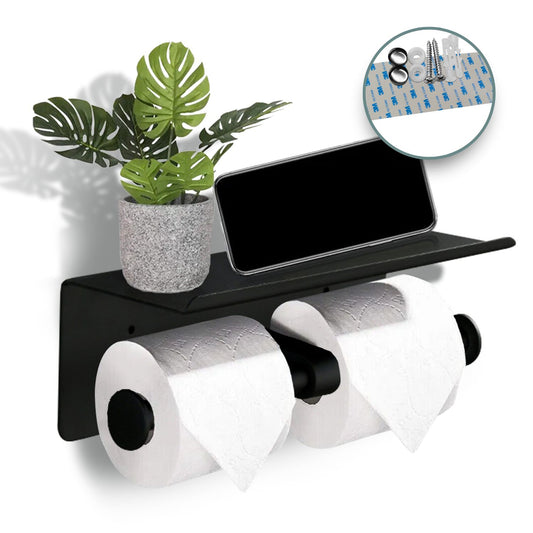 GOMINIMO Stainless Steel Double Toilet Roll Holder Paper with Shelf Wall Mounted Black