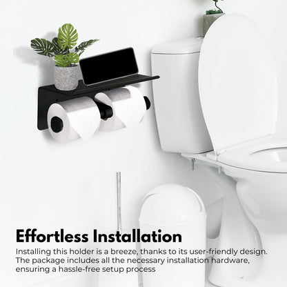 GOMINIMO Stainless Steel Double Toilet Roll Holder Paper with Shelf Wall Mounted Black