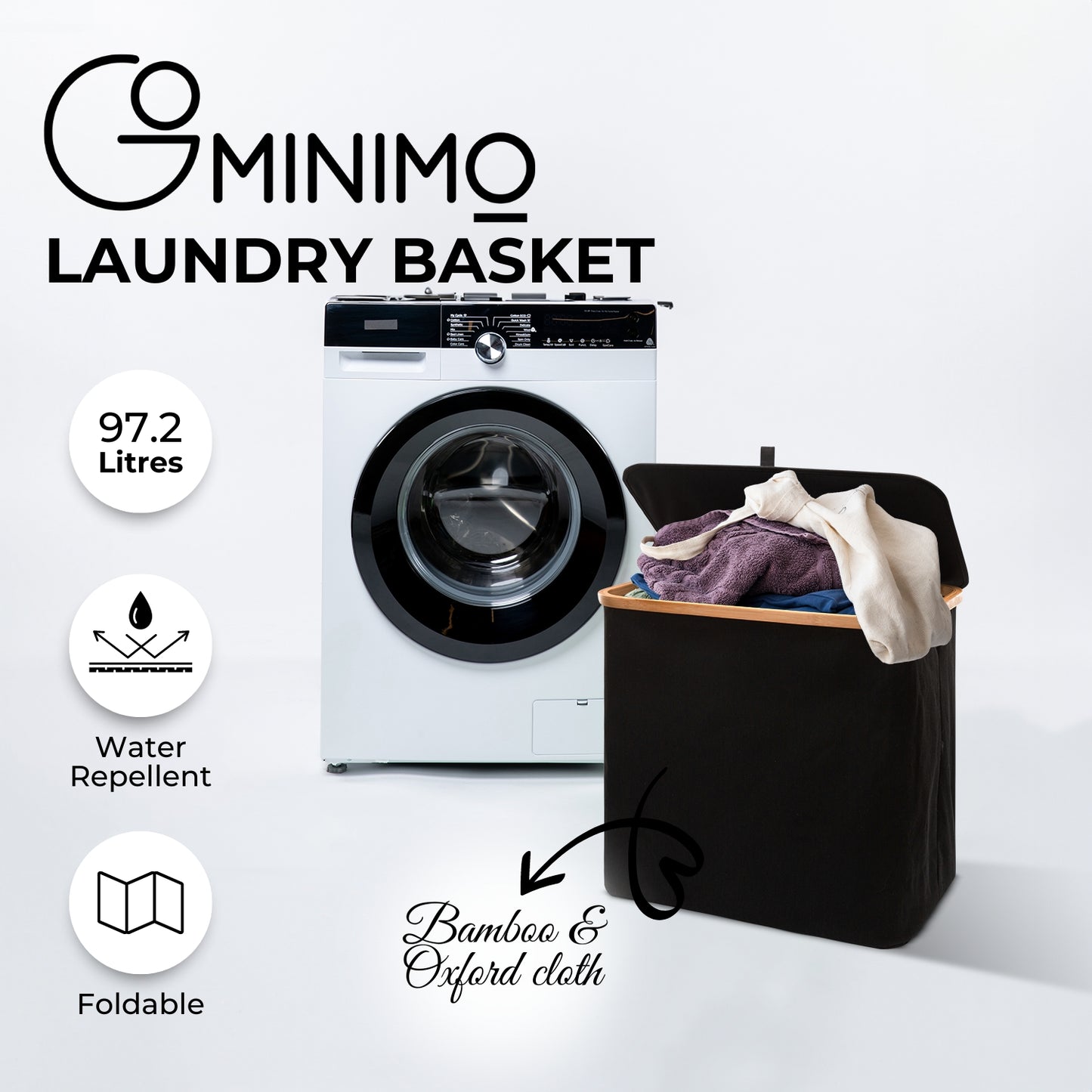 GOMINIMO Folding Bamboo & Canvas Laundry Hamper with Single Lid (Black)