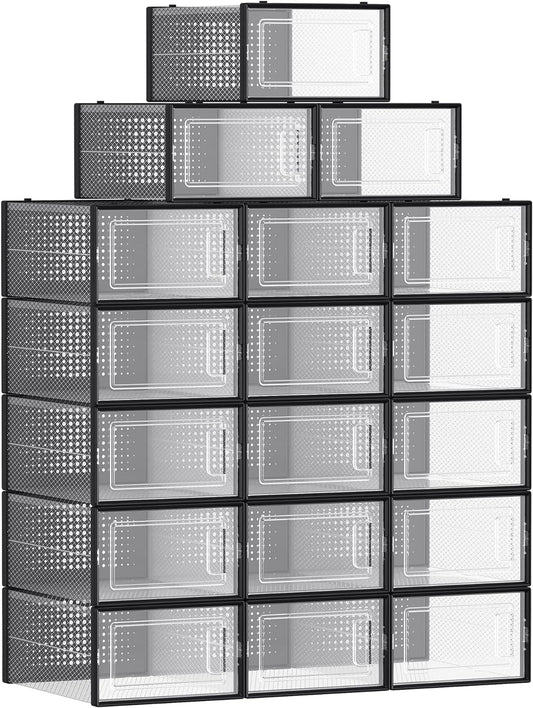 SONGMICS 18 Pack Foldable Stackable Shoe Boxes Max AU Size 11 Black Transparent