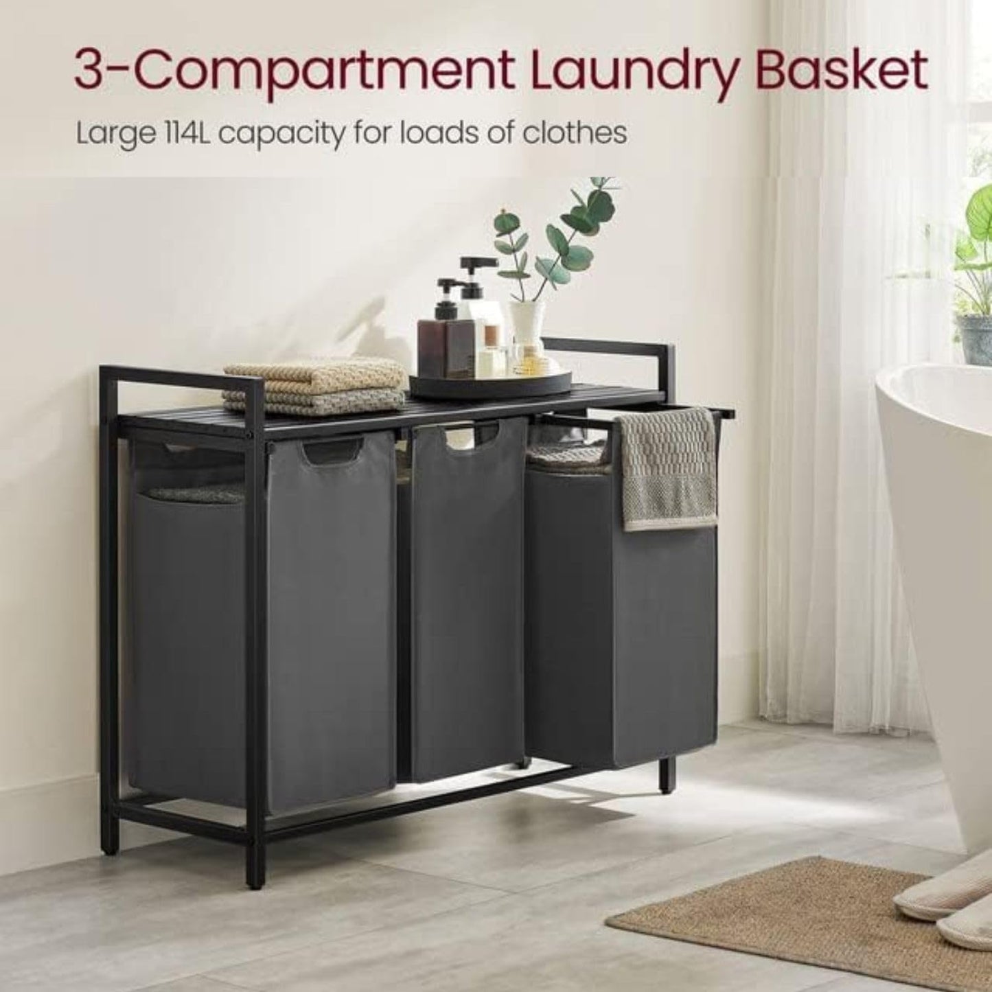 VASAGLE Laundry Hamper with Shelf and Pull-Out Bag 3 x 38L Black and Gray