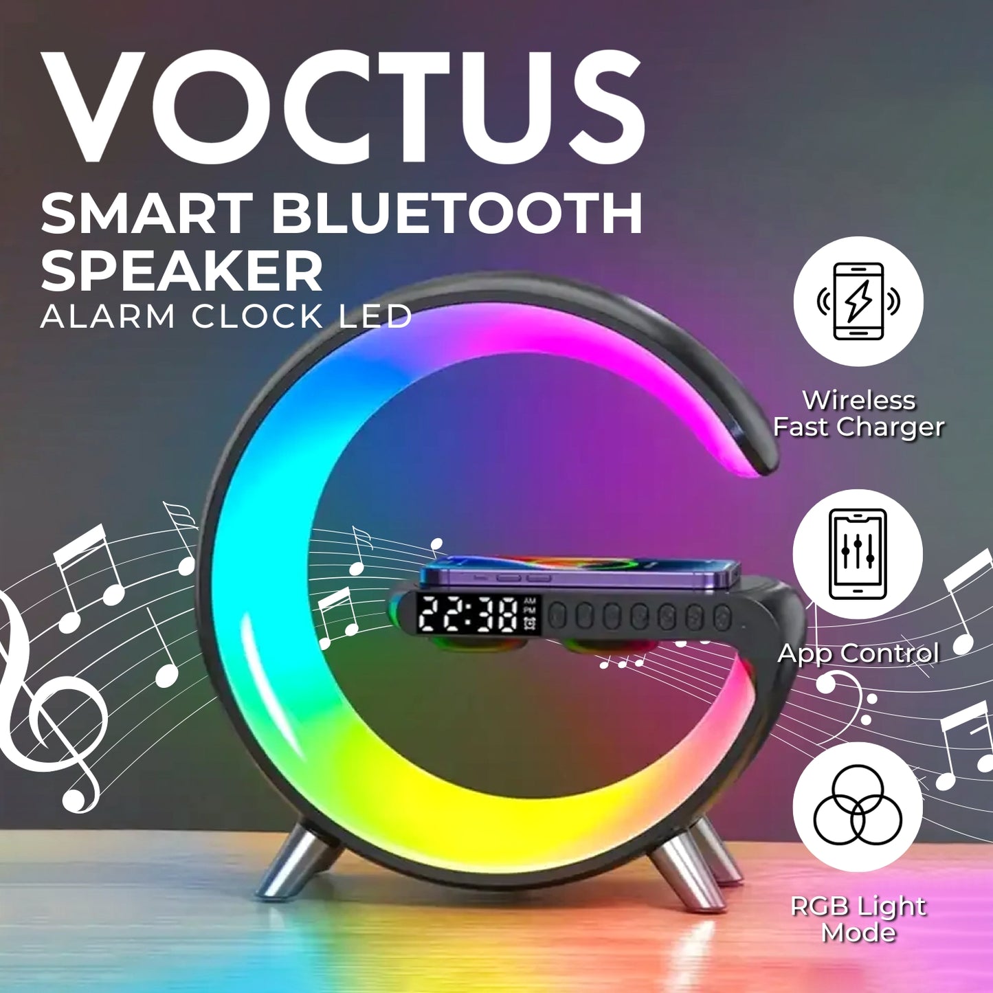 VOCTUS 5 in 1 Bedside Table Lamp with 15W Quick Wireless Charger (Black)