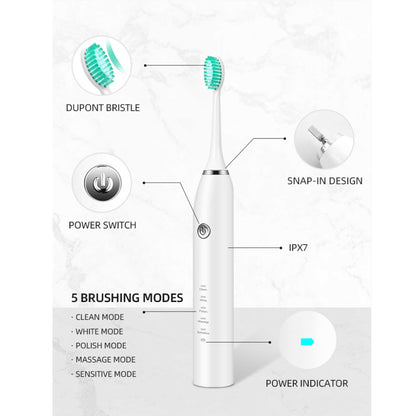 Sonic Electric Toothbrush White USB Wireless Charging Smart 5 Modes 2 Heads Case