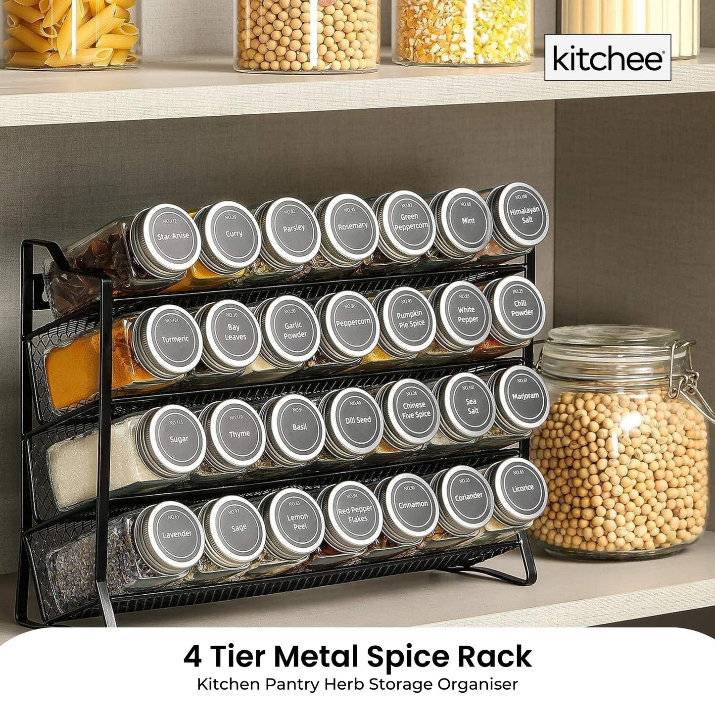 4 Tier Metal Spice Rack - Kitchen Pantry Herb Storage Organiser