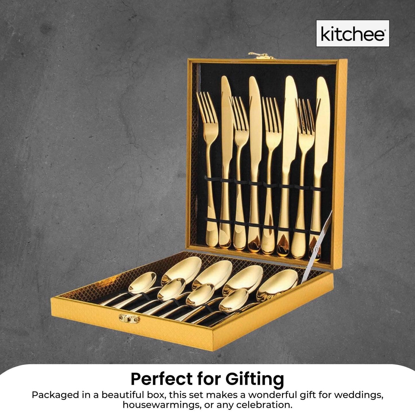 16 Piece Gold Cutlery Set - Stainless Steel Flatware Knife Fork Spoon Gift Box