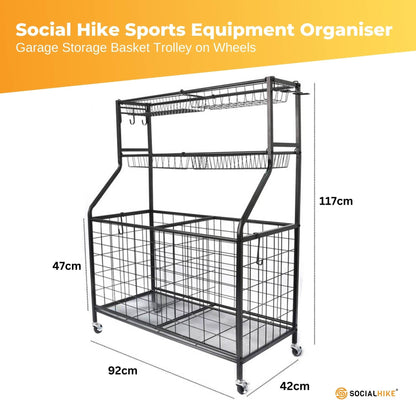 Social Hike Storage Organiser Trolley on Wheels - Garage Sports Equipment Basket