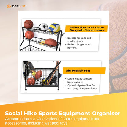 Social Hike Storage Organiser Trolley on Wheels - Garage Sports Equipment Basket