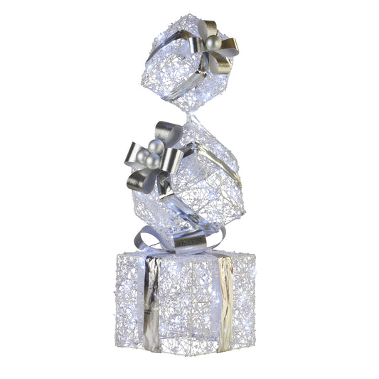 Swishmas 83cm Triple Christmas Silver Giftbox Stack Display with Lights