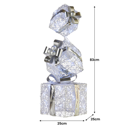 Swishmas 83cm Triple Christmas Silver Giftbox Stack Display with Lights