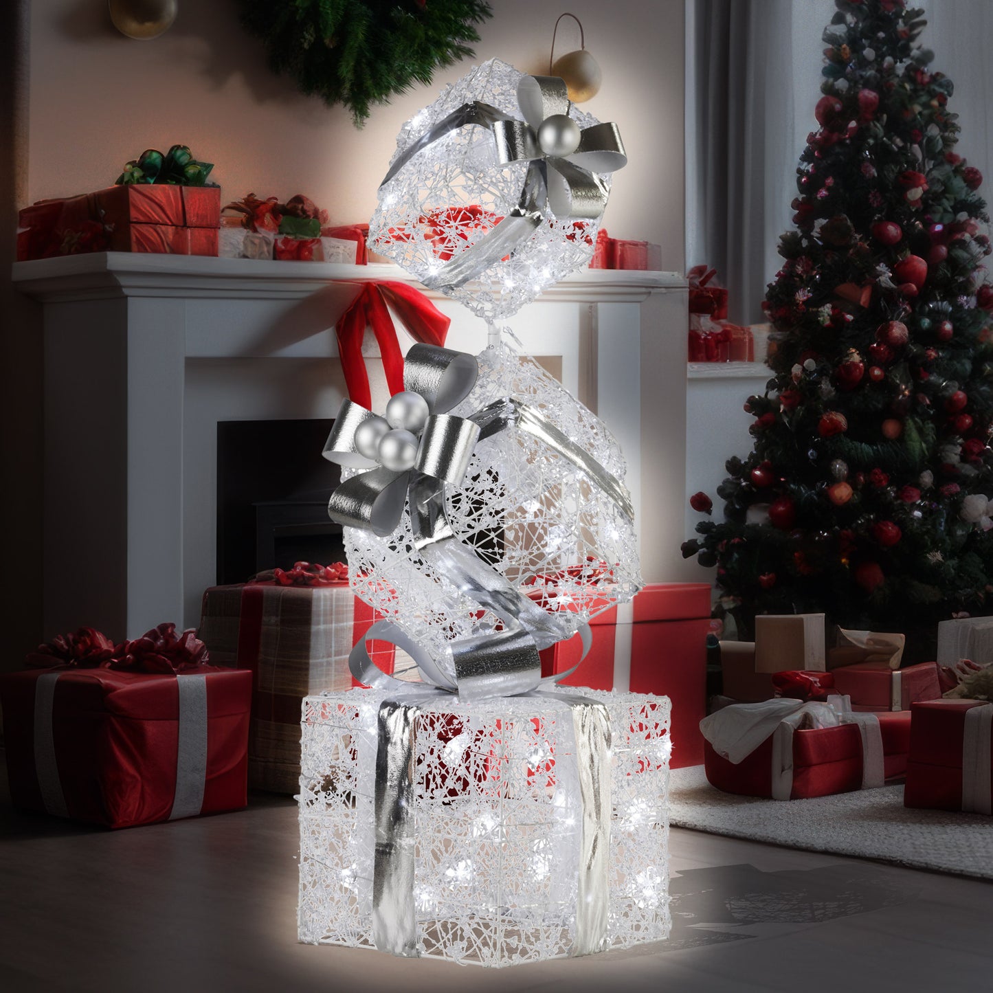 Swishmas 83cm Triple Christmas Silver Giftbox Stack Display with Lights