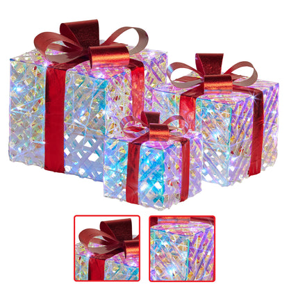 Swishmas Set of 3 Christmas Gift Boxes With Lights - Clear Shimmer With Red Bows