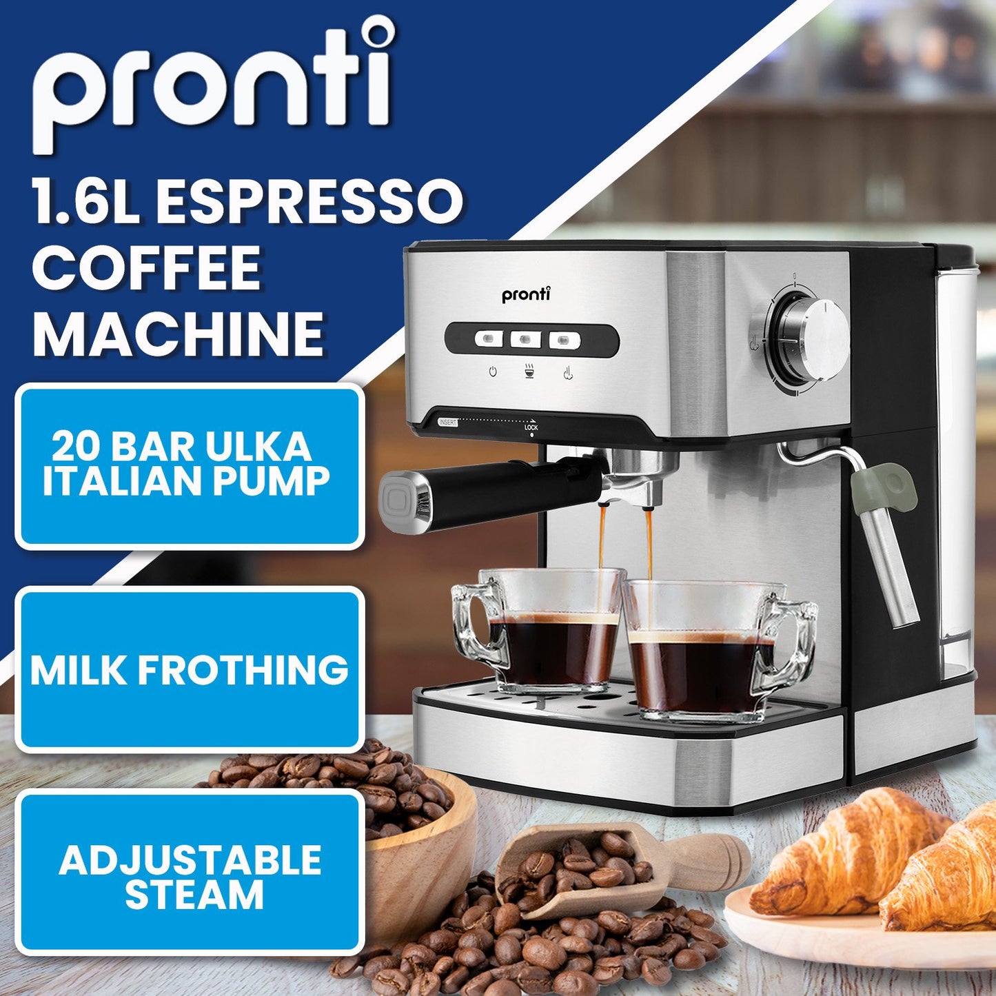 Pronti 1.6L Automatic Coffee Espresso Machine with Steam Frother