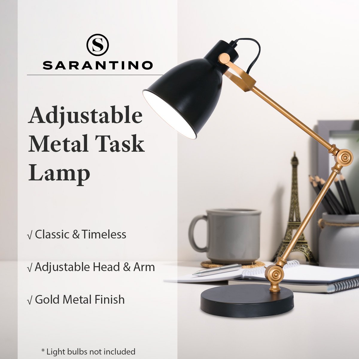 Sarantino Adjustable Metal Table Lamp In Black And Gold