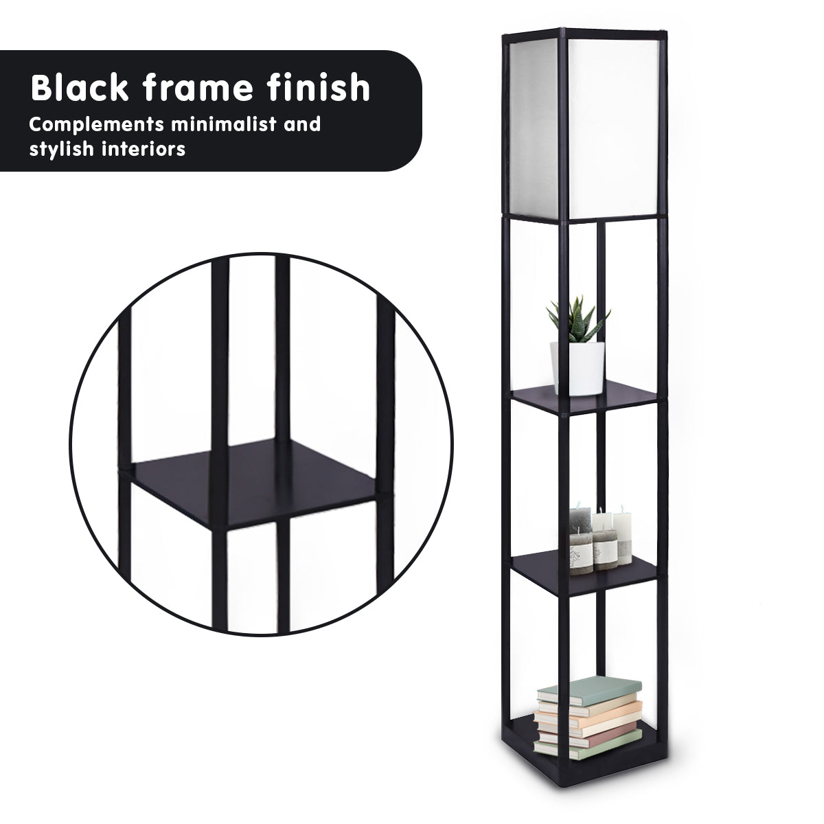 Sarantino Etagere Floor Lamp Shelves in Black Frame Fabric Shade