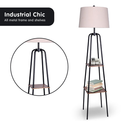 Sarantino Metal Etagere Floor Lamp Shade Metal Shelf in Wood Finish