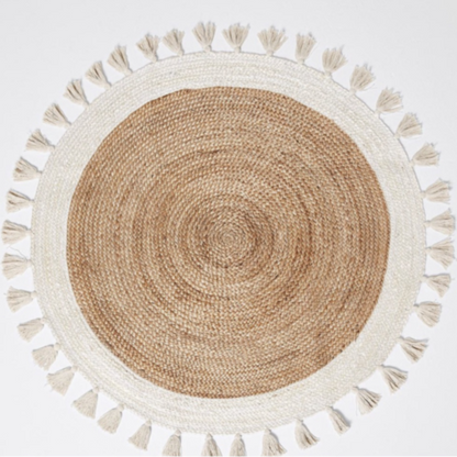 Bohemian Cream & Natural Braided Jute Cotton Round Rug with Tassel 120 x 120 cm