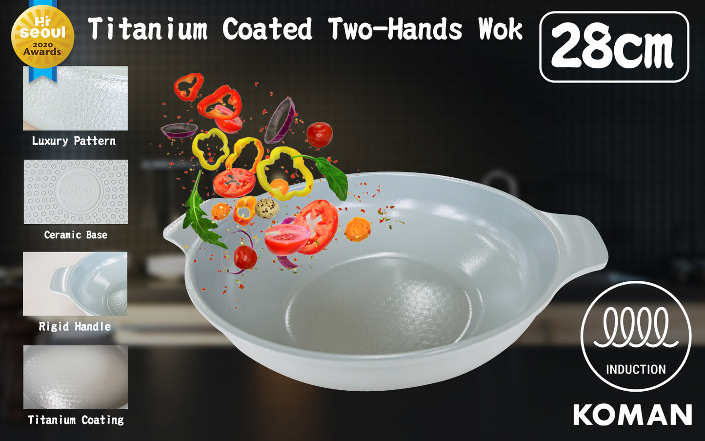 KOMAN Shinewon Vinch IH Two Hands Wok 28cm Ceramic Non-stick Titanium GREY