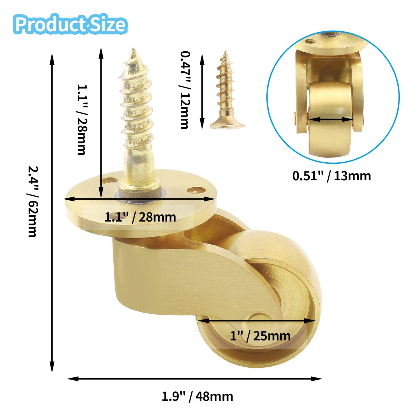 25mm Castor Brass Caster Wheel Swivel Vintage Chairs Cabinet Bed Furniture Wheels Brass