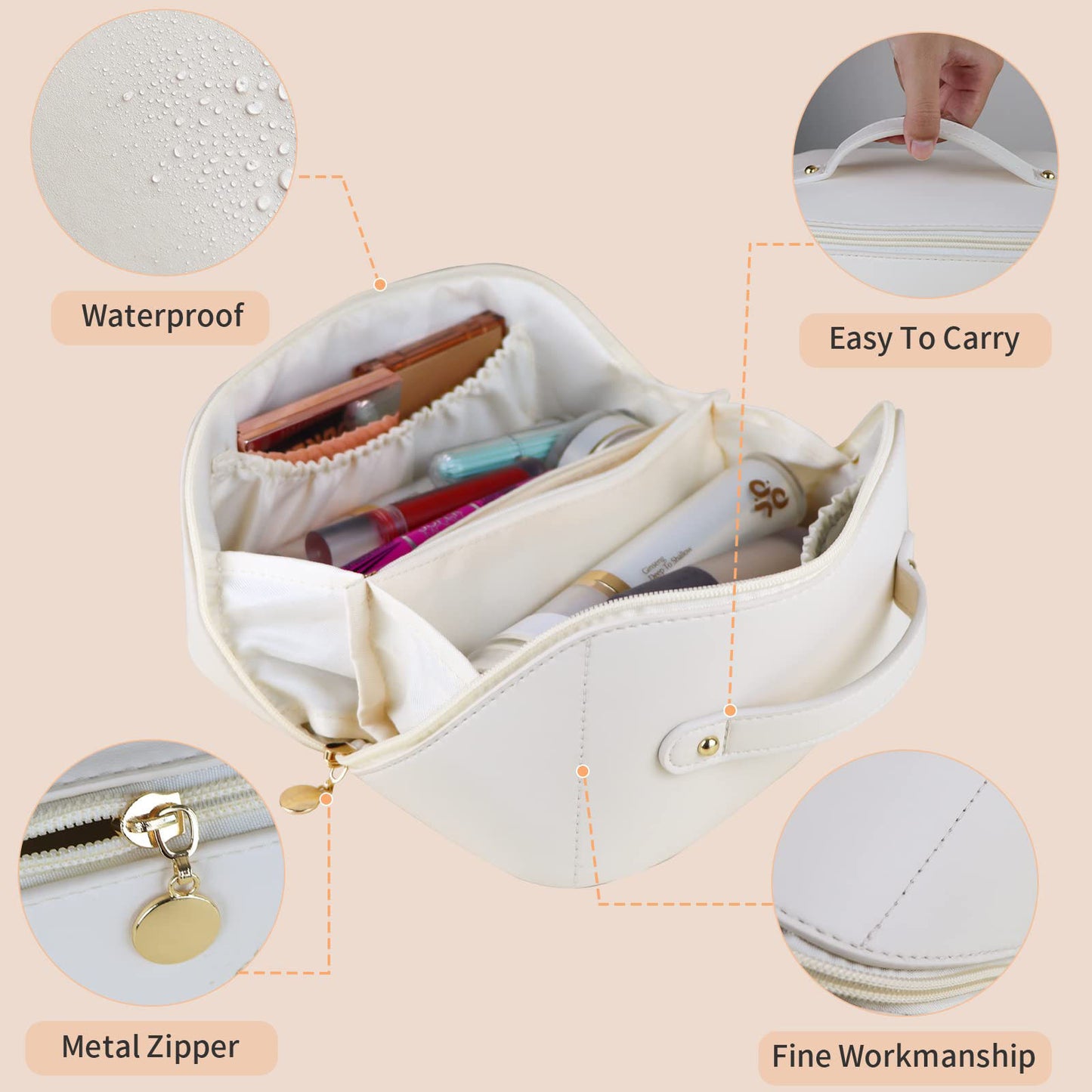 Large Travel Cosmetic Bag Portable Make up Makeup Bag Waterproof PU Leather Storage White